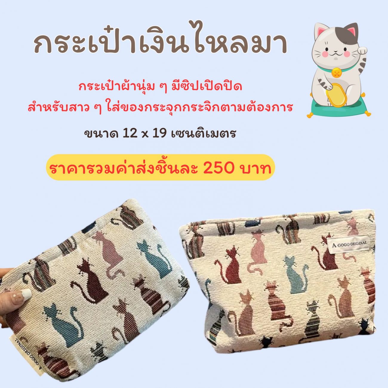 N11 - กระเป๋าเงินไหลมา  กระเป๋าผ้านุ่ม มีซิปเปิด-ปิด เหมาะสำหรับสาว ๆ ใส่ของกระจุกกระจิกตามต้องการ  ขนาด 12 x 19 เซนตเมตร  ราคารวมค่าส่งชิ้นละ 250 บาท